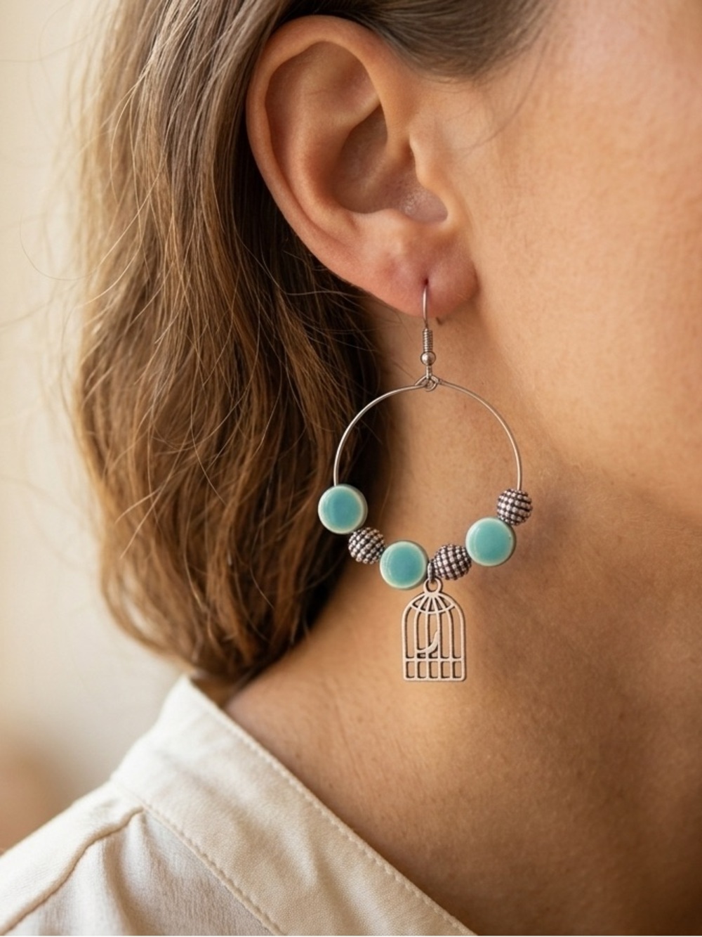Handmade Silver Hoop Earrings with Turquoise Beads and Birdcage Charm